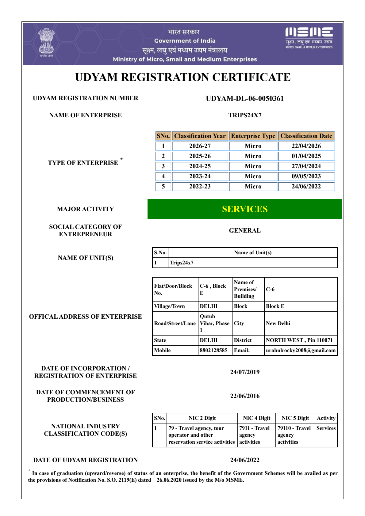 Udyam registration certificate, page 1